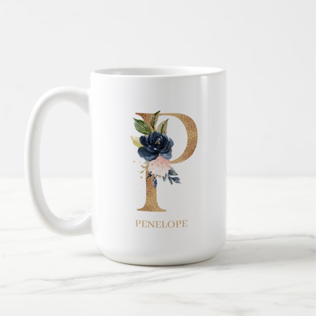 Mug LETTRE MONOGRAPHIQUE Florale Blush Navy "P" Person (Gauche)