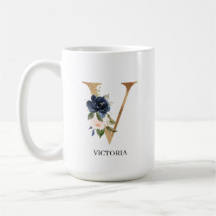 Mug LETTRE MONOGRAPHIQUE Florale Blush Navy "V" Person
