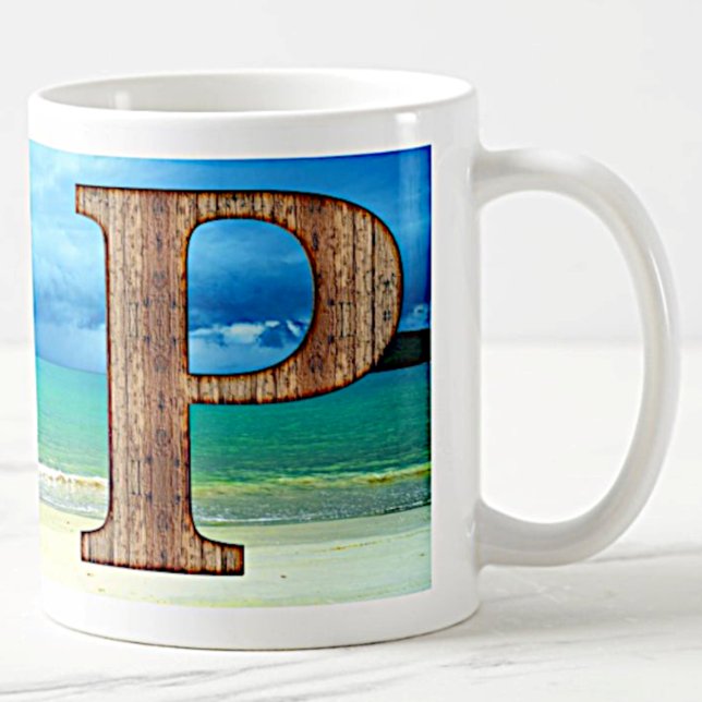 Mug LETTRE MONOGRAPHIQUE INITIALE EN BOIS P Beach Ocea (Créateur téléchargé)