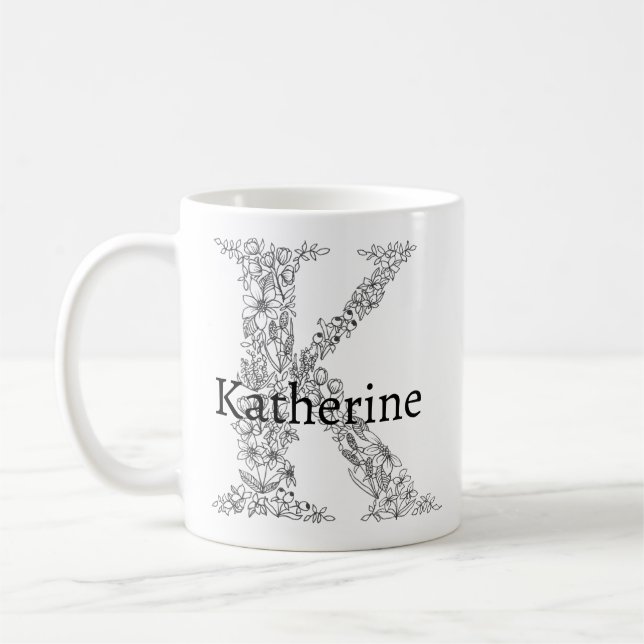 Mug LETTRE MONOGRAPHIQUE K BLANC Noir Botanique Floral (Gauche)