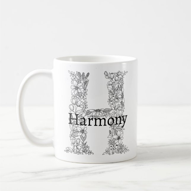 Mug LETTRE MONOGRAPHIQUE M BLANC Noir Floral Botanique (Gauche)