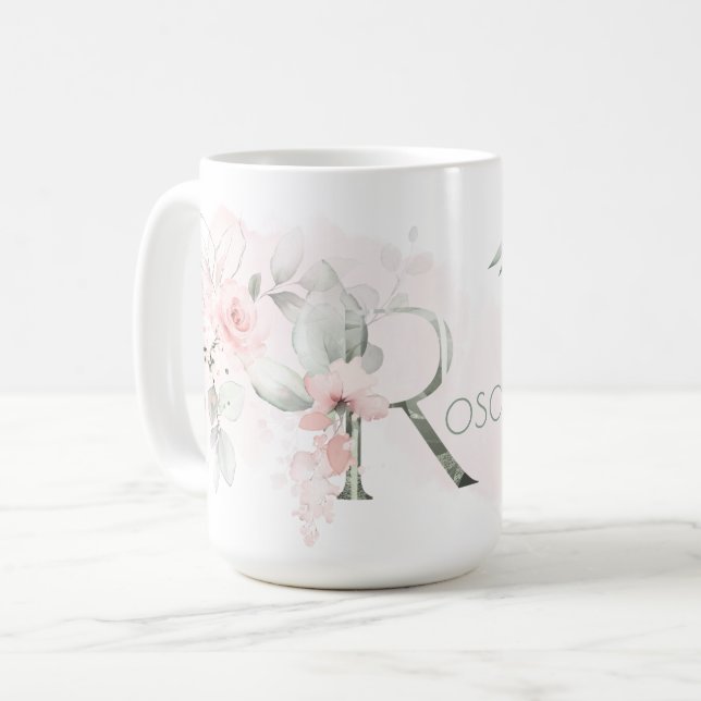 Mug LETTRE MONOGRAPHIQUE ROSE BLANCHE Délicate R (Devant gauche)