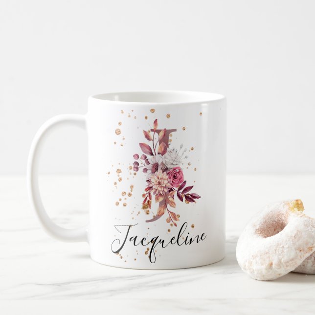 Mug LETTRE MOYENNE MOUVE Pink Floral Rose J (Avec donut)