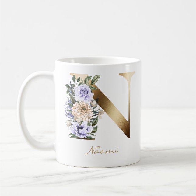 Mug Lettre N Monogramme or Crème violette claire Flora (Gauche)