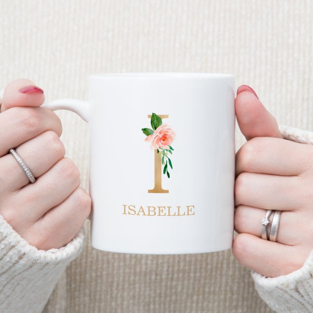 Mug Lettre or Monogramme I | Vert rose floral (Créateur téléchargé)