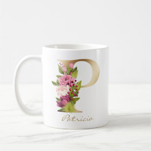 Mug Lettre P Monogramme or rose blanc Magenta Floral G