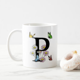 Mug Lettre P Papillon Floral Monogramme Initial