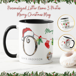 Mug Lettre personnalisée Nom 3 Photos Joyeux Noël