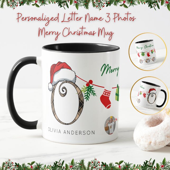 Mug Lettre personnalisée Nom 3 Photos Joyeux Noël (Créateur téléchargé)