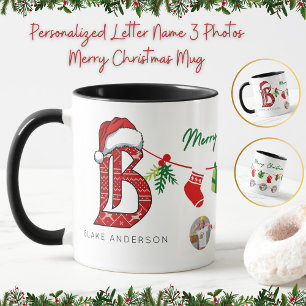 Mug Lettre personnalisée Nom 3 Photos Joyeux Noël