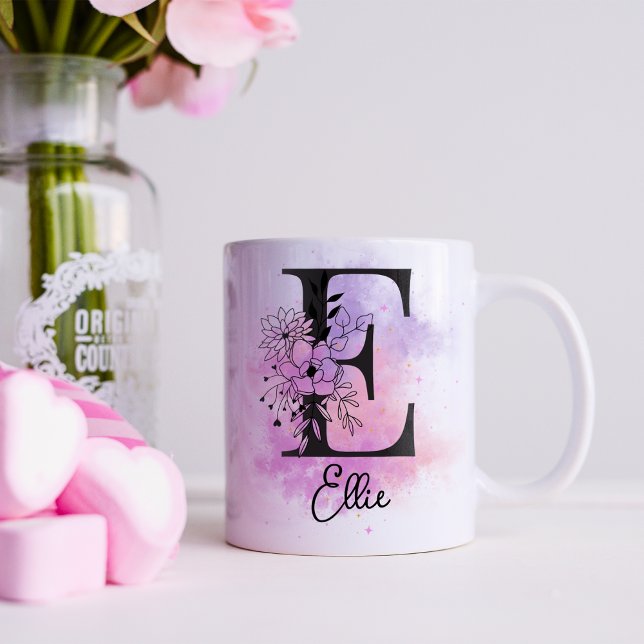 Mug LETTRE PLEINE ROSE POROULE FLEUVE NOIR MONogramme  (Créateur téléchargé)