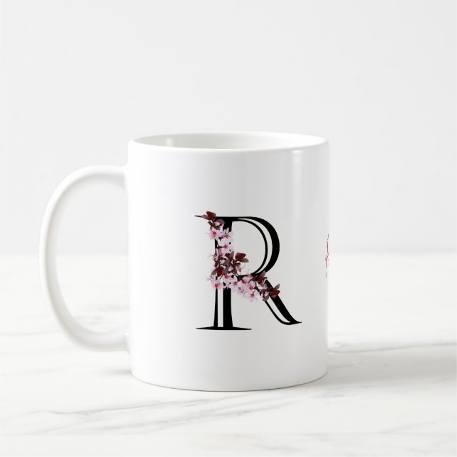 Mug Lettre R, Fleur de cerisier | Nom du script du mon (Gauche)
