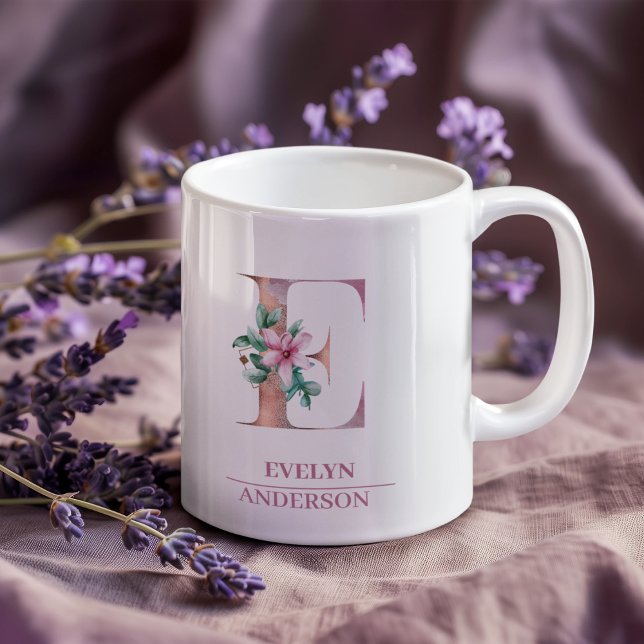 Mug LETTRE Rose D'Aquarelle D'Or Monogramme E (Créateur téléchargé)
