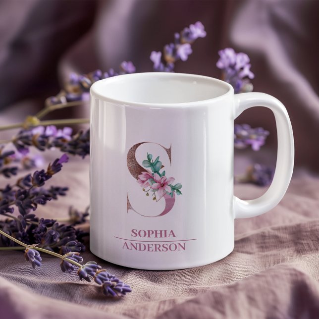 Mug LETTRE Rose D'Aquarelle D'Or Monogramme S (Créateur téléchargé)
