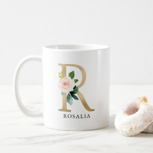 Mug Lettre rose rose et or R Monogramme