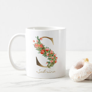 Mug Lettre S Monogramme Or Floral Orange