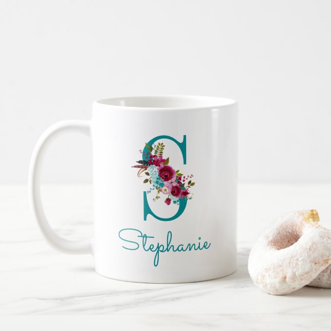 Mug Lettre S Turquoise rose floral (Avec donut)
