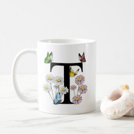 Mug Lettre T Floral Papillon Monogramme initial