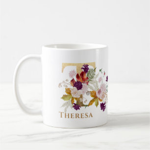 Mug Lettre T - Gold Floral Nom soeur collègue ami coll