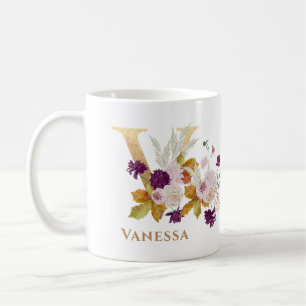 Mug Lettre V - Gold Floral Nom soeur collègue ami coll