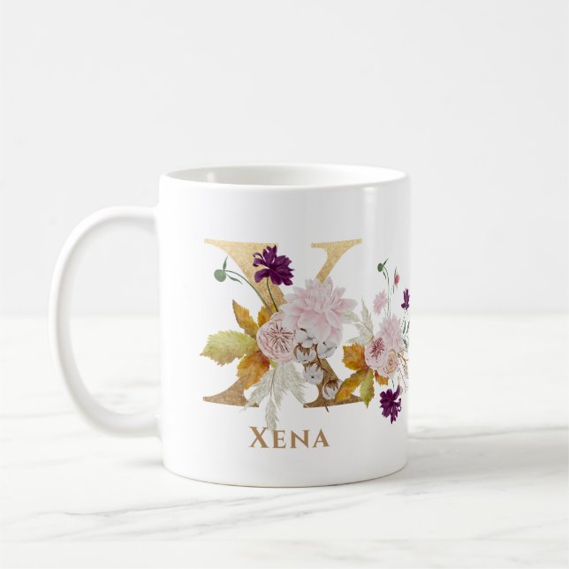 Mug Lettre X - Gold Floral Nom soeur collègue ami coll (Gauche)