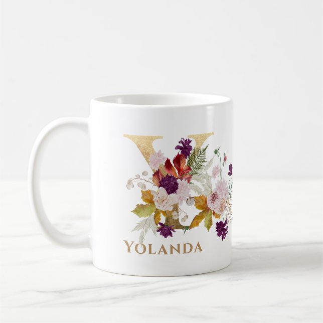 Mug Lettre Y - Gold Floral Nom soeur collègue ami coll (Gauche)