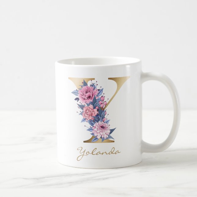 Mug Lettre Y or Monogramme rose bleu floral (Droite)