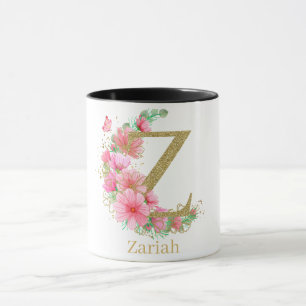 Mug Lettre Z en monogramme floral et or aquarelle
