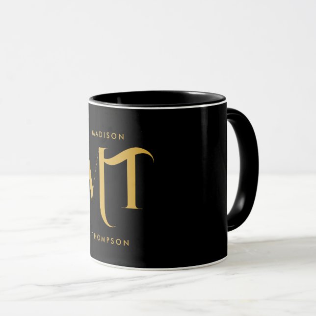 Mug Lettres d'initiales de monogramme noir et or éléga (Devant droit)