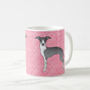 Mug Lévrier Italien Bleu Et Blanc Sur Cœurs Roses