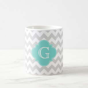 Mug Light Gray White Chevron Aqua Quatrefoil monogram