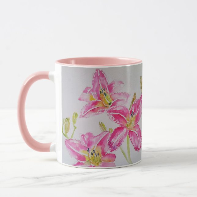 Mug Lilium floral à fleurs roses Aquarelle d'art (Gauche)
