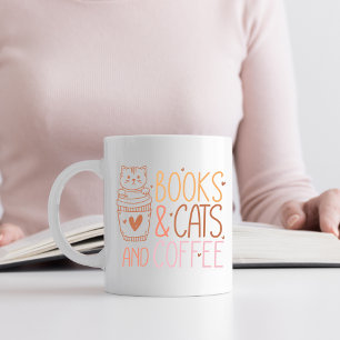 Mug Livres, chats et café orange et rose
