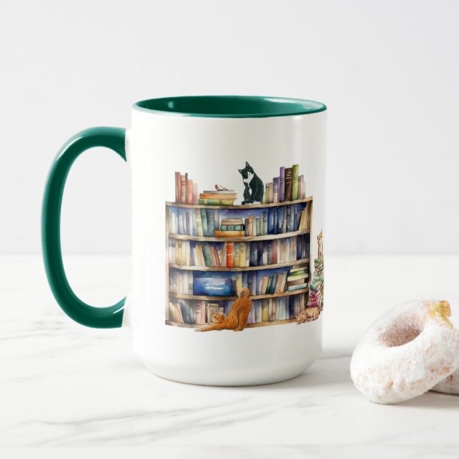 Mug Livres et chats, Cadeaux pour la bibliothèque Bibl (Avec donut)