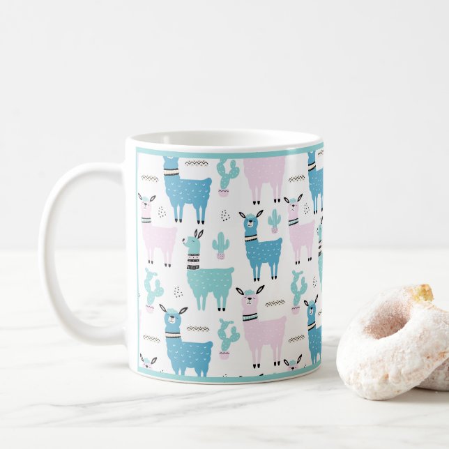 Mug Llama Alapaca animal bleu rose Animaux vert Trim (Avec donut)
