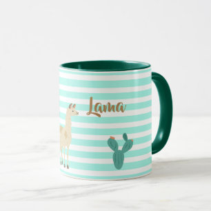 Mug Llama et cactus sur bandes vertes et blanches