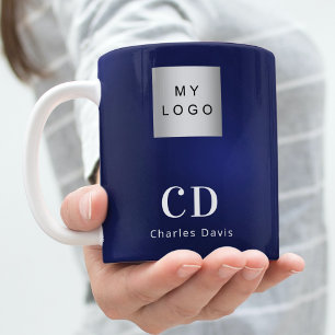 Mug Logo de société à monogramme blanc bleu marine