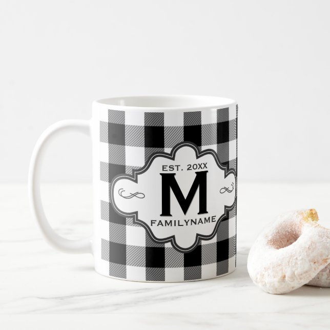 Mug Logo fait sur commande de famille B&W de plaid (Avec donut)