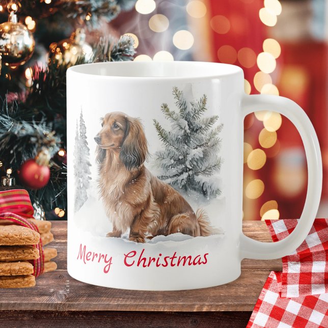 Mug Long Haied Dachshund Chien dans neige Joyeux Noël (A festive coffee mug with picture of a long haired dachshund in snow, with Merry Christmas greeting)