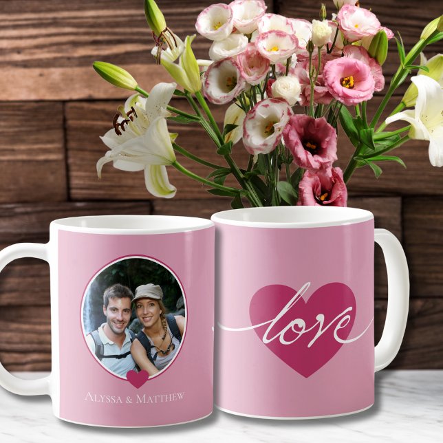 Mug LOVE Couples Photo Muple (love couples photo mug for valentines day gift for wedding anniversary, pink hearts calligraphy)