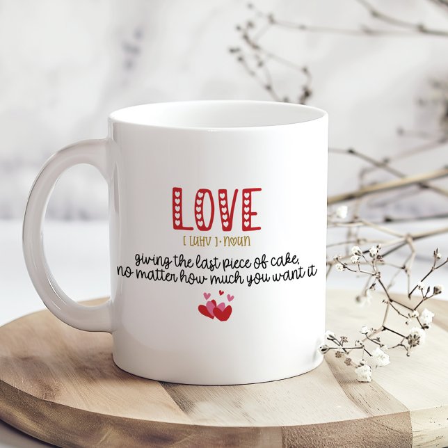 Mug LOVE, définition et forme cardiaque personnalisée  (LOVE definition & Custom Heart Shape Photo Coffee Mug on a boho kitchen table with tiny flowers)