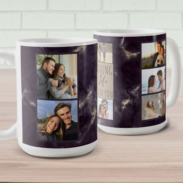 Mug Love Life With You - 7 Photo Collage Marbre foncé (Créateur téléchargé)