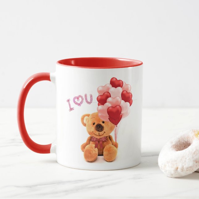 Mug Love Valentine Teddy Bear avec Ballons Café (Avec donut)