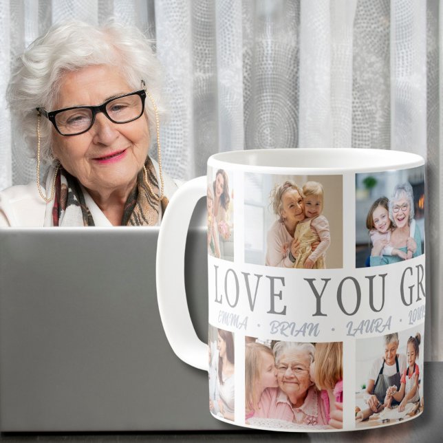Mug LOVE YOU GRANDMA Nom personnalisé 10 Photo Collage (custom photo collage with grandchildren's names mug to grandma)