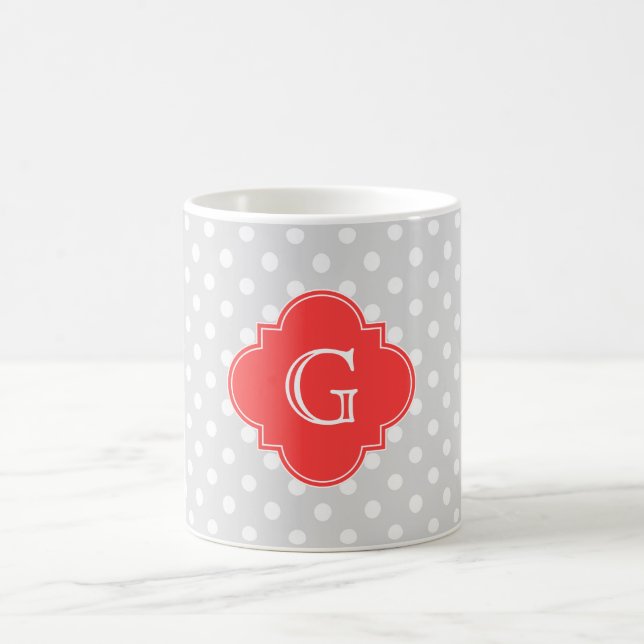 Mug Lt Gray Wt Polka Dot Coral Red Quatrefoil (Centre)