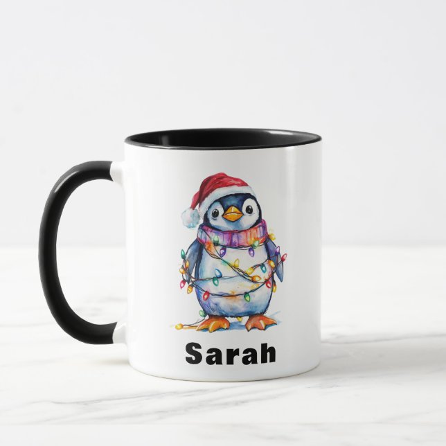 Mug Lumières de Noël de pingouin personnalisées Nom pe (Gauche)