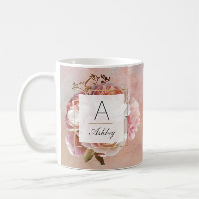 Mug LUMINEUX ROSE Élégant Monogramme Floral Moderne (Gauche)
