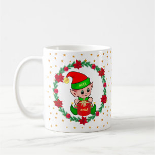Mug Lutin de Noël, couronne de pin, poinsettias et éto