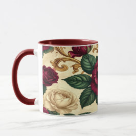 Mug Luxury Baroque Roses Design - Burgundy Cream Flowe