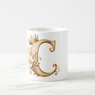 Mug Luxury Gold Letter C Monogram with Crown & Lily Fl